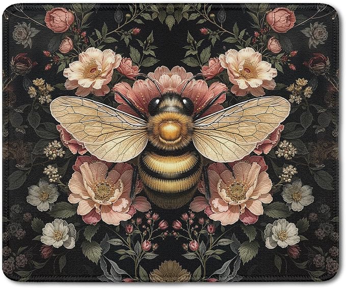 Vintage Moody Floral Bee Mouse Pad, Bee Lover Gifts, Dark Cottagecore Botanical Bumblebee Insect Mouse Pads Mousepad for Home Office Dorm Computers Laptop Supplies Desk Accessories, 9.5x7.9 Inch