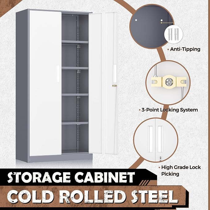 Metal Storage Cabinet, 72” H Storage Cabinet with Doors and Adjustable Shelves for Office, Home, Garage, Pantry (Assembly Required, Grey White)
