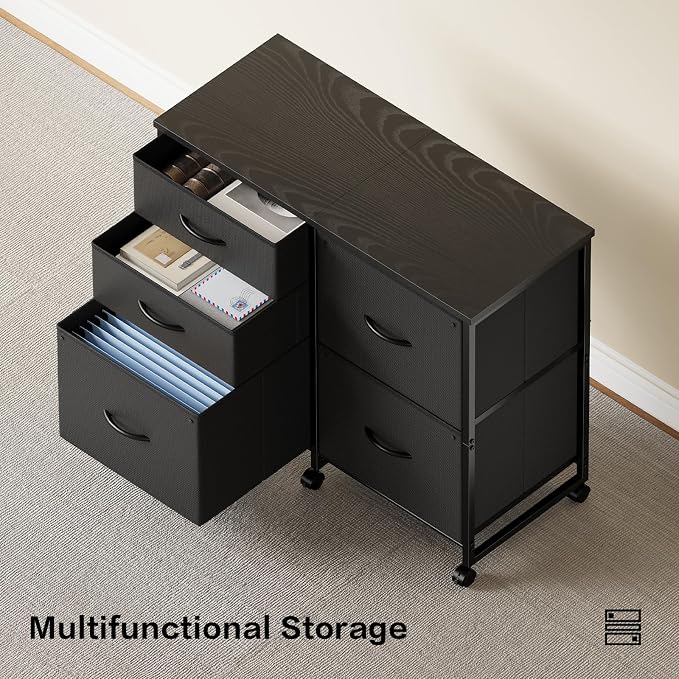 YeTom Lateral File Cabinet with 5 Drawers Rolling Filing Cabinets Under Desk Storage Printer Stand with Wheels,Mobile File Cabinet for Home Office,Black
