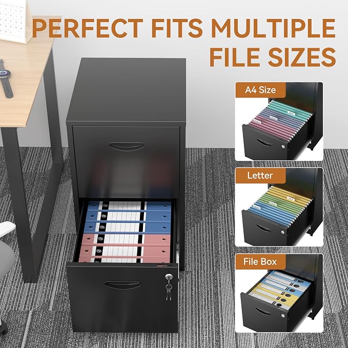 Polup 2 Drawer File Cabinet with Lock, Metal Filing Cabinet for Home Office | Small Locking Cabinet for Under Desk Storage, Printer Stand, Fits Letter Size, Black, 26"H x 15"W x 18"D, Easy Assembly