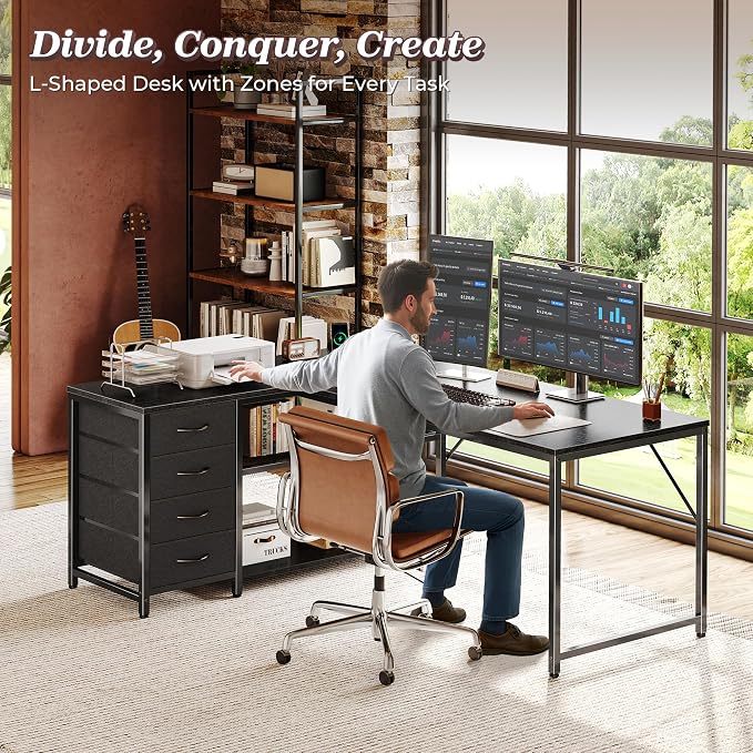 53" L Shaped Desk with Power Outlets & 4 Drawers | Reversible Computer Desk with 2 Storage Shelves, Large Corner Office Desk for Gaming Writing Work Study, Black