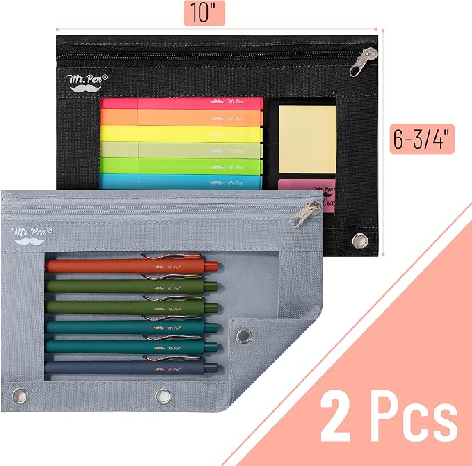 Mr. Pen- Pencil Pouch for 3 Ring Binder, 2 Pack, 10"x6.75", Smooth Zipper | Clear Window, Large Capacity Pencil Case with 3 Reinforced Grommets for School, Office, Supplies Storage