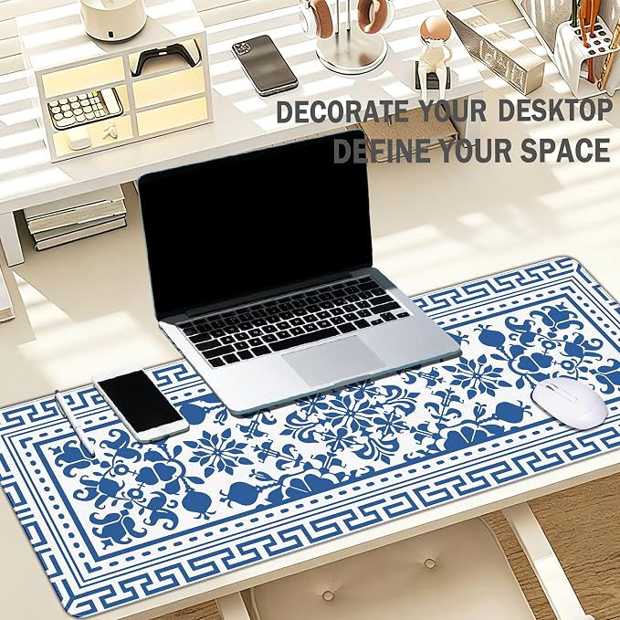 Blue Flroal Desk Mat, Blue and White Mouse Pad for Desktop 31.5x11.8 | Flower Mouse Pad For Desk, Chinoiserie Desktop Mats,Blue White Office Decoration Aesthetic, Blue Computers Pads
