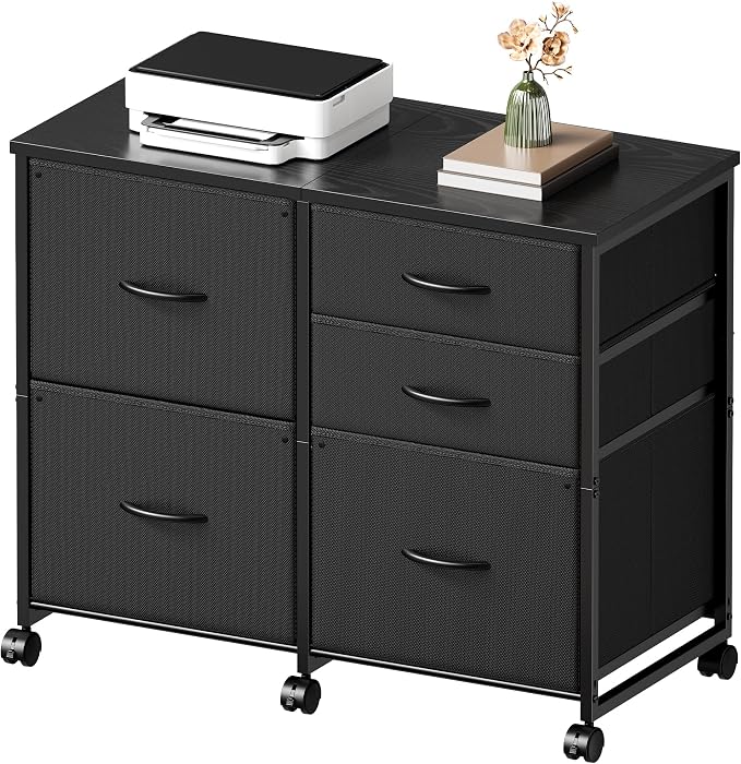 YeTom Lateral File Cabinet with 5 Drawers Rolling Filing Cabinets Under Desk Storage Printer Stand with Wheels,Mobile File Cabinet for Home Office,Black