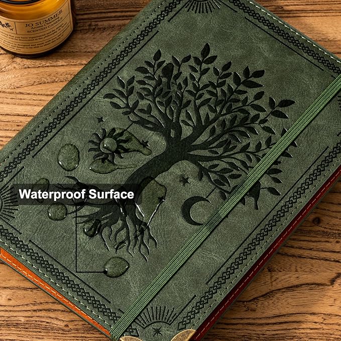 PU Leather A6 Binder 6 Ring Mini Loose Leaf Binder 5.5”x7.5” No Inserts A6 Planner Binder Leather Cover Refillable Journal Cover, Green Tree