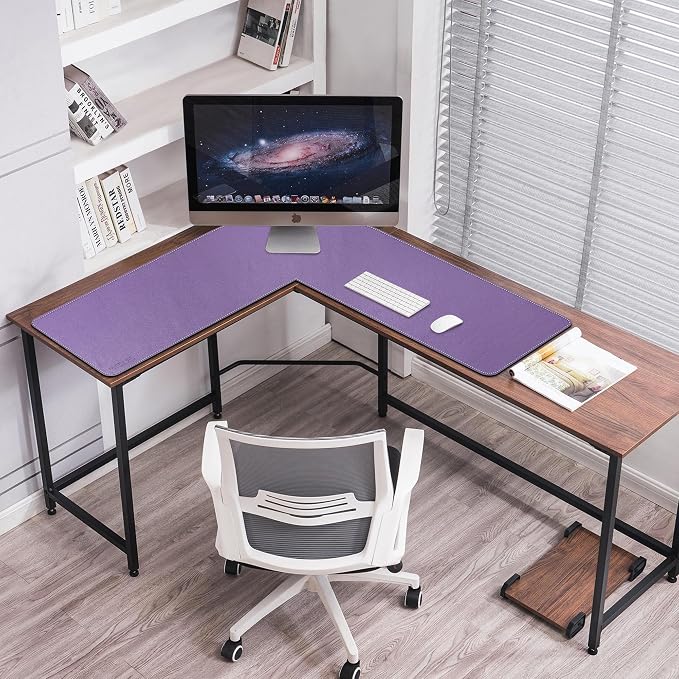 Mydours L-Shape Desk Mat, 46"x46" x 16" Large PU Leather Corner Pad, Purple | XXL Extra Large Waterproof Gaming Mouse Pad, L-Corner Desk Mat Blotter, Desktop Protector for Computer Keyboard Home Office