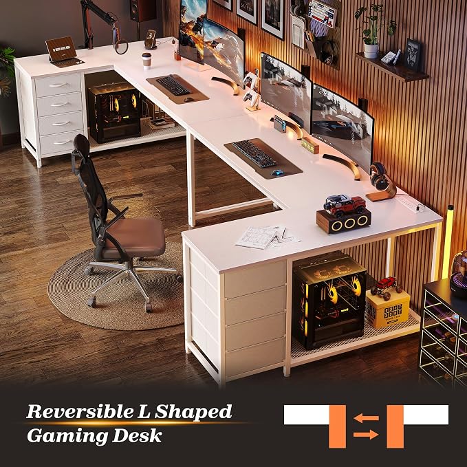 61" L Shaped Desk with Power Outlets & 4 Drawers | Reversible Computer Desk with 2 Storage Shelves, Large Corner Office Desk for Gaming Writing Work Study, White