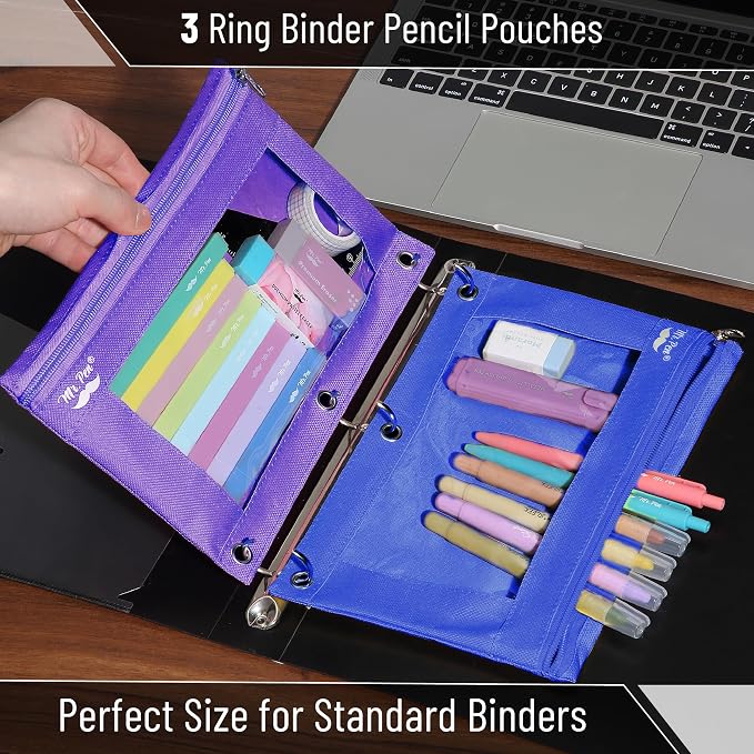Mr. Pen- Pencil Pouch for 3 Ring Binder, 2 Pack, 10"x6.75", Smooth Zipper | Clear Window, Large Capacity Pencil Case with 3 Reinforced Grommets for School, Office, Supplies Storage