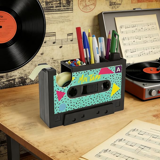 Retro Cassette Heat Tape Dispenser with Pen Holder for Desk Vintage 80s Office Mate Recycled 2-in-1 Office Stationery Storage (Green Tape)