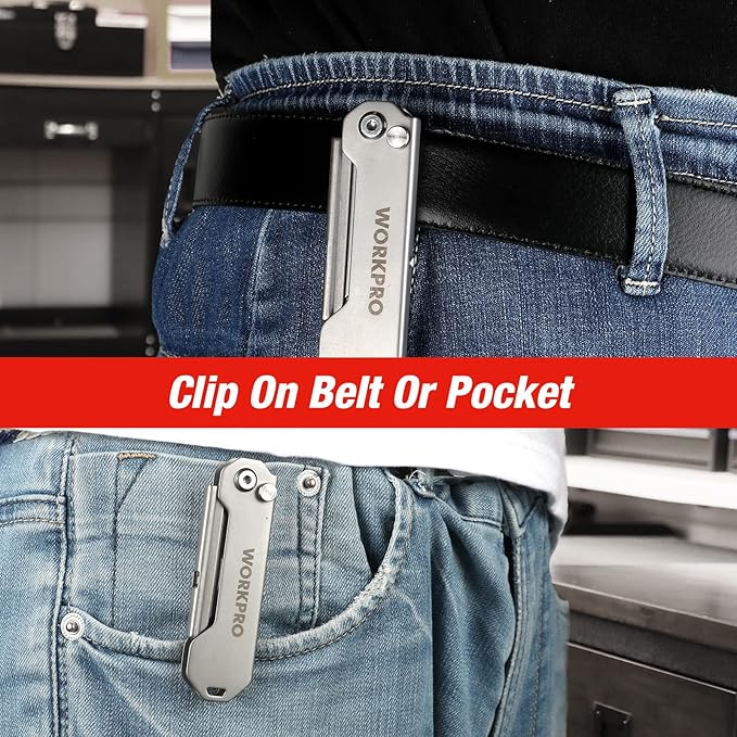 WORKPRO EDC Folding Utility Knife, Mini Box Cutter with Quick Open Axis Lock, Quick Change Blade Razor Knife, Foldable Small Pocket Knife with Belt Clip