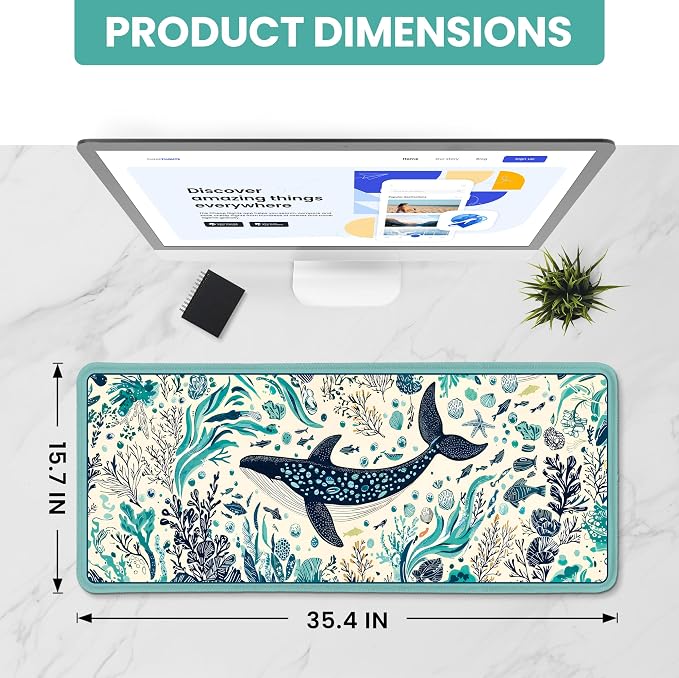 Aesthetic Desk Mat, Cute Drifting Whales Desk Pad Protector for Work & Decor, 35.4" x 15.7", Pretty Non-Slip Extended Mouse Pad for Office or Home