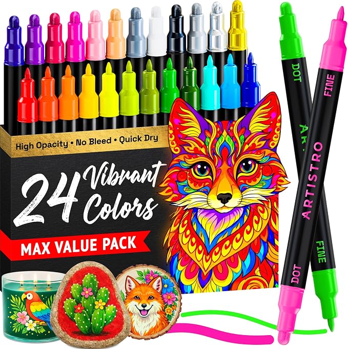 ARTISTRO Precision Dual-Tip Acrylic Paint Marker Pens - Set of 24 | For Fabric, Rock, Glass, Wood, & Coloring Books, Arts & Crafts Gift, Classroom Must Haves & School Supplies (Dot & Fine Tips)