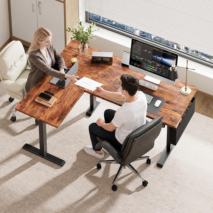 Korfile 63" L Shaped Standing Desk, Height Adjustable, LED, Memory Presets | Reversible, Ergonomic Sit to Stand Computer Desk with Headphone Hook for Home, Office and Workstation, Brown
