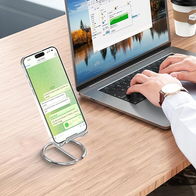 Metal Cell Phone Stand for Desk, Cute One-Piece Phone Holder, Stable Desktop Display Dock for iPhone, iPad, Samsung, Tablets & All Mobile Phones, Silver