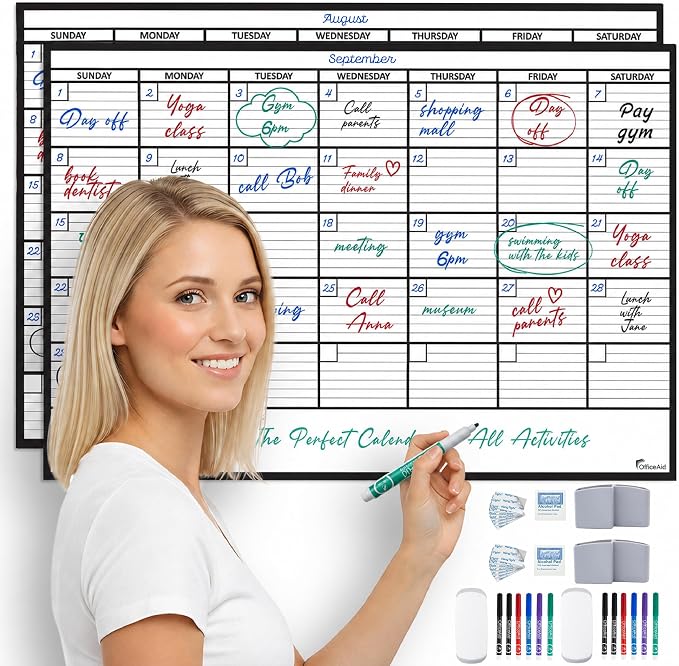 (2 PK) Large Dry Erase Calendar for Wall 24x36, Giant Family Office Big Reusable, Monthly Planner Erasable 36x24, Rolled Whiteboard White Board, Calendar Dry Erase for Undated Wall Large Classroom
