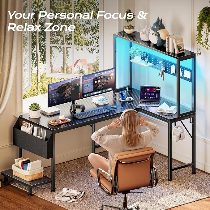 L Shaped Gaming Desk with LED Lights & Power Outlets | Reversible Computer Desk with Storage Shelves & Bag, Large Corner Home Office Desk for Work from Home, Carbon Fiber Black