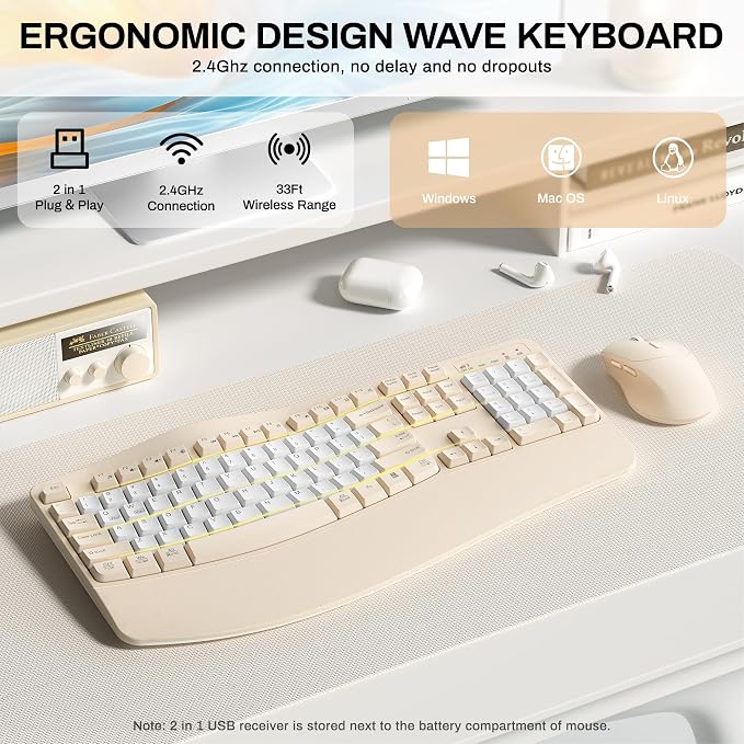 Wireless Keyboard and Mouse Combo,2.4G Ergonomic Wave Keys(Latte Color-B) | Full Size Cordless Keyboard with Wrist Rest,3-Level DPI Ergonomic Mouse for Office and Home,Windows/Mac OS/Desktop/Laptop/PC