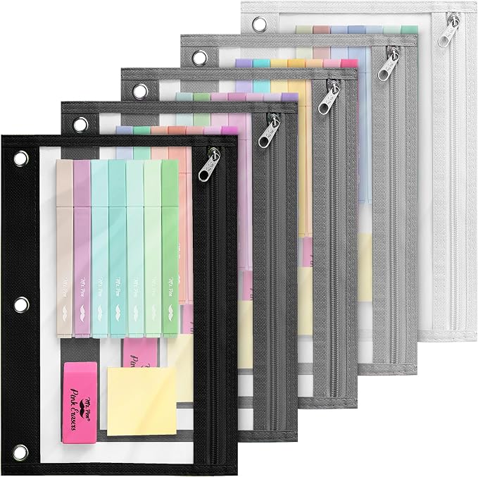 Mr. Pen- Pencil Pouch for 3 Ring Binder, 5 Pack, 10"x7", Smooth Zipper | Clear Window, Large Capacity Pencil Case with 3 Reinforced Grommets for School, Office, Supplies Storage | Clear Window, Large Capacity Pencil Case with 3 Reinforced Grommets for ...