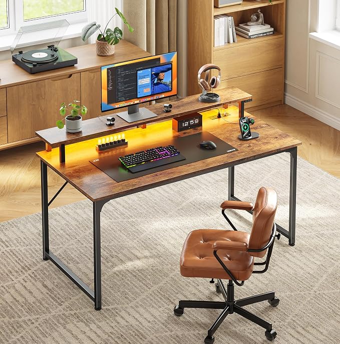 40 inch Gaming Desk, LED & Outlets, Monitor Stand, Rustic Brown | Sturdy PC Desk for Home Office, Study & Work, LED Lights, 4 AC Outlets & USB-C Charging Station