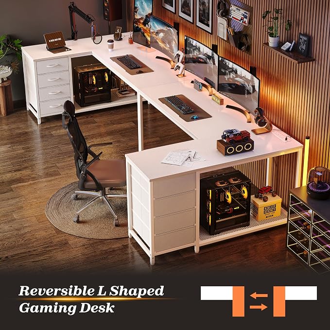 53" L Shaped Desk with Power Outlets & 4 Drawers | Reversible Computer Desk with 2 Storage Shelves, Large Corner Office Desk for Gaming Writing Work Study, White