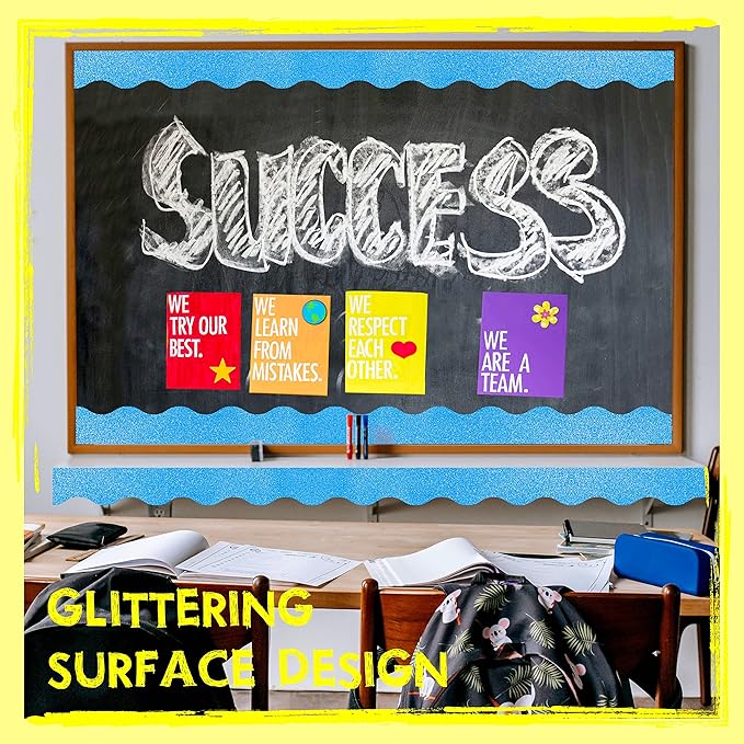 60 Feet Bulletin Board Borders, 45 Sheets Glitter Scalloped Border Trim Holiday Decoration for School, Classroom Office Party Wall Decor (Blue)