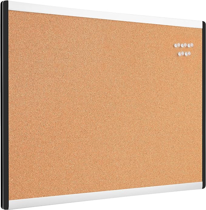 Amazon Basics Cork BulletinBoard, 23" x 17", Pin Board for Office & Home with Aluminum/Plastic Frame, 1 Pack