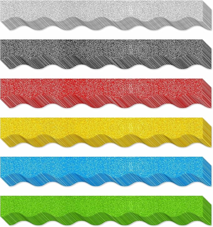 60 Feet Bulletin Board Borders, 45 Sheets Glitter Scalloped Border Trim Holiday Decoration for School, Classroom Office Party Wall Decor (6 Colors, Golden/Silvery/Red/Blue/Black/Green)