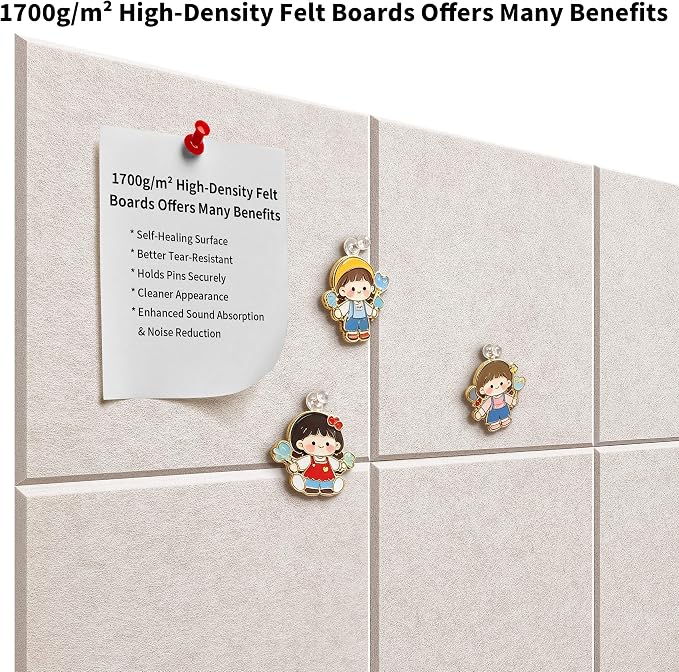 1/2'' Thick Cork-Bulletin Board Felt Wall Tiles Squares 12 x 12 in | 1700g/m² High Density Felt Pin Boards for Walls, Adhesive, Frameless, Modular, Renter Friendly, Removable, Light Color, 8Pcs