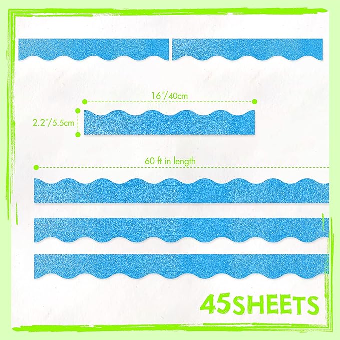 60 Feet Bulletin Board Borders, 45 Sheets Glitter Scalloped Border Trim Holiday Decoration for School, Classroom Office Party Wall Decor (Blue)