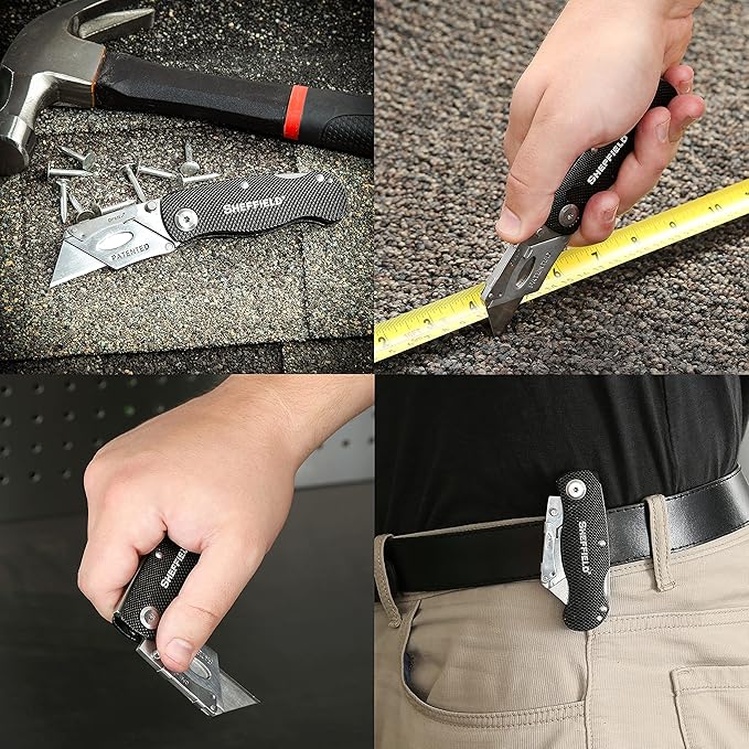 Sheffield Folding Utility Knife, Accepts Standard Utility Knife Blades, Box Cutter Aluminum Handle, Razor Blades Included, For Home, Office, Trades, and Warehouse