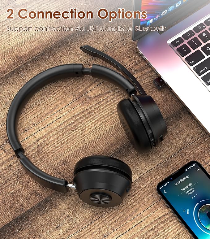 Wireless Headset with Mic for Work, Bluetooth Headset with Noise Cancelling | Headphones with Microphone Mute & USB Dongle for PC/Computer/Laptop/Cell Phones/Remote Work/Call Center (Black)