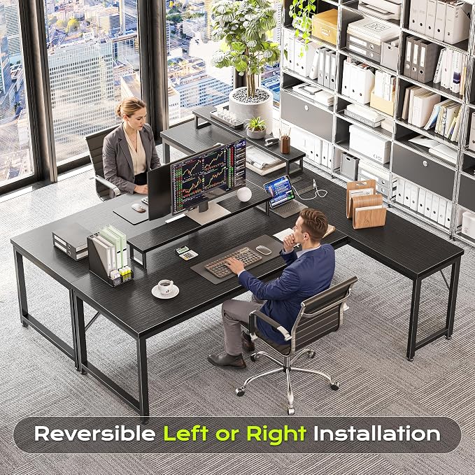 61" L Shaped Computer Desk, Power Outlets, Monitor Stand, Black | USB-C Ports, Reversible Charging Station, Spacious Desktop & Legroom, 0.94 Inch Thick Desktop, for Gaming, Study & Work