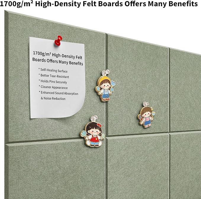 1/2'' Thick Felt Bulletin Cork Board Tiles for Walls Self Adhesive | Frameless Corkboard Alternative, 1700g/m² Dense Felt Board Squares, Renter Friendly, Removable, Sage, 8 Pack 12x12 in