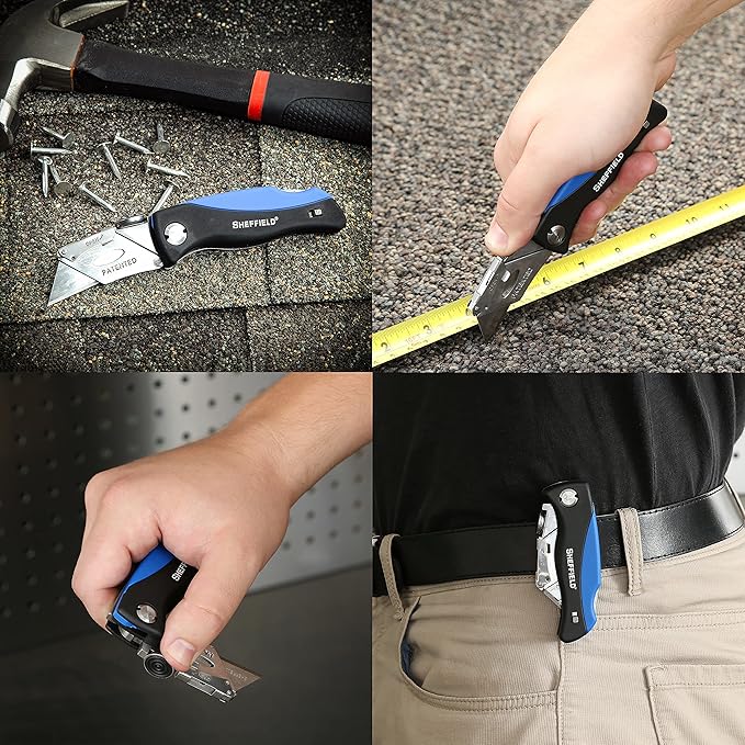 Sheffield Folding Utility Knife, Accepts Standard Utility Knife Blades, Box Cutter, Razor Blades Included, For Home, Office, Trades, and Warehouse