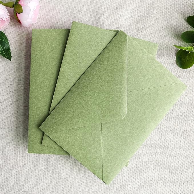 PONATIA 50 PCS/Pack A7 Envelopes, 5.25 x 7.25'' Sage Green Envelopes For 5 x 7'' Weddings Invitation Cards, Christmas Gift Cards, Acrylic Invitations, Photos and Any 5x7 Inserts