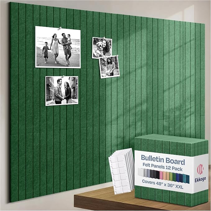 X-Large Cork Board Alternative 12-Pack Felt Bulletin Board Thick and Decorative Pin Board for Home Office Walls 47.24 x 35.43 Inches with 72 Adhesive Tabs - [Dark Green]