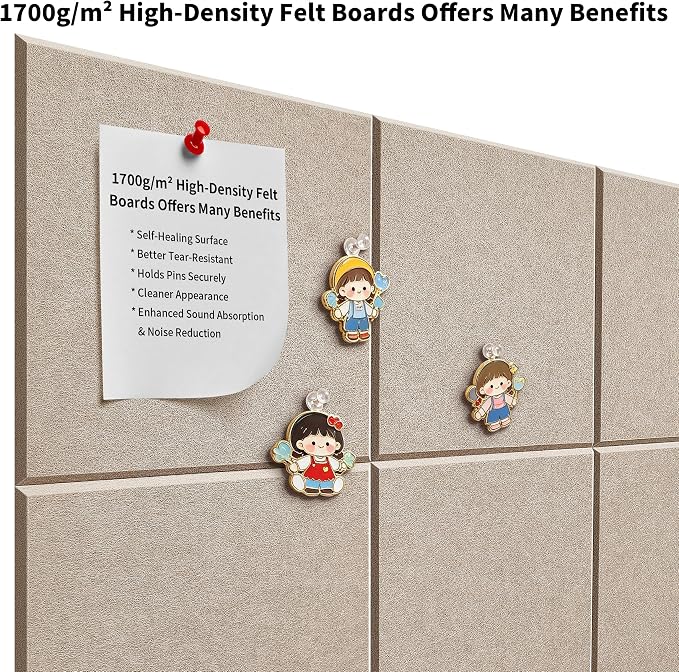 1/2'' Thick Felt Bulletin Board Squares, Dartboard Wall Protector | 1700g/m² Ultra-Dense Felt Panels for Walls, Self Adhesive, Frameless, Modular, Renter Friendly, Removable, 8 Pack 12'' x 12''