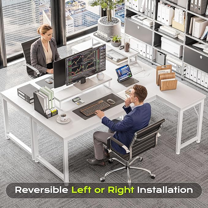 53" L Shaped Computer Desk, Power Outlets, Monitor Stand, White | USB-C Ports, Reversible Charging Station, Spacious Desktop & Legroom, 0.94 Inch Thick Desktop, for Gaming, Study & Work