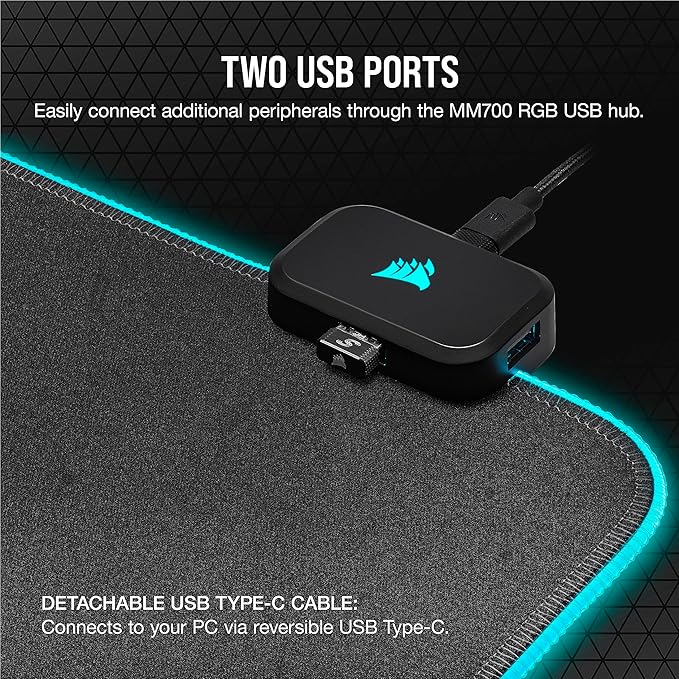 Corsair MM700 RGB Extended Cloth Gaming Mouse Pad - 36.6" x 15.8" - 360° RGB Lighting - Two USB Port Hub - Thick Rubber - Black