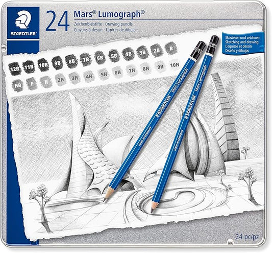 STAEDTLER Mars Lumograph Drawing Pencils: Set of 24 in Metal Case - Presharpened Graphite Art Pencils - Hardness Grades 12B-10H - For Drawing, Shading, Drafting & Illustrating - All Skill Levels
