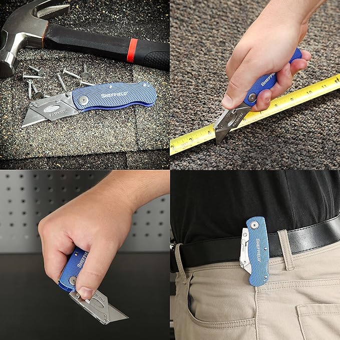 Sheffield 12514 Folding Utility Knife 3 Pack,Stocking Stuffers, Gifts for Men, Dad Gifts, Quick Change Utility Knife Blades, Compact Aluminum Handle, Box Cutter, Razor Blades Included