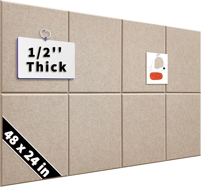 1/2'' Thick Felt Bulletin Board Squares, Dartboard Wall Protector | 1700g/m² Ultra-Dense Felt Panels for Walls, Self Adhesive, Frameless, Modular, Renter Friendly, Removable, 8 Pack 12'' x 12''