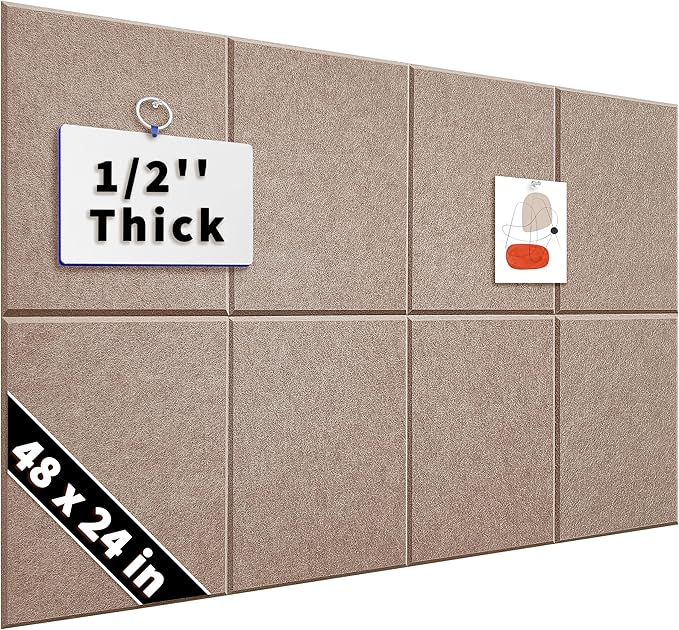 1/2'' Ultra Thick Felt Bulletin Pin Board Corkboard for Office Wall | Half Inch Dense Polyester Felt Board, Frameless, Modular, Zero Crumbling, Removable Adhesive Tabs, 8 Pack 12'' Squares Tiles
