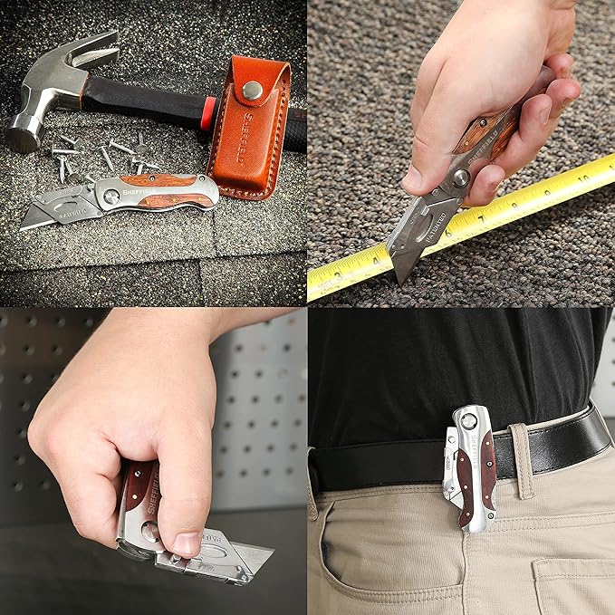 Sheffield 12818 Folding Utility Knife with Leather Sheath, Stocking Stuffers, Gifts for Men, Dad Gifts, Quick-Change Utility Knife Blades, Lightweight Hardwood Handle, Box Cutter, Cardboard Cutter