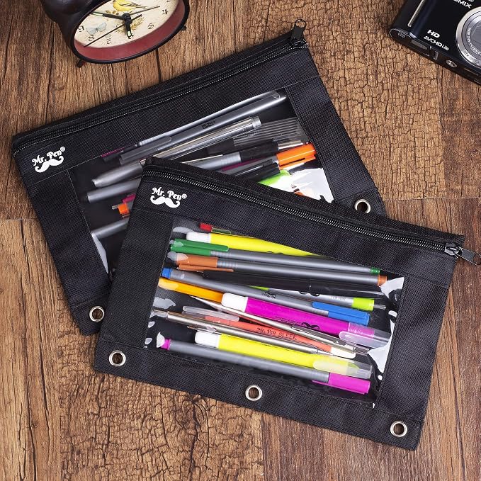 Mr. Pen Fabric Pencil Pouch with 3 Binder Holes, Black, Set of 2 (Pack of 2)