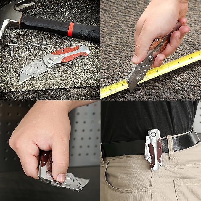 Sheffield 12525 Premium Lock Back Utility Knife 2 Pack, Stocking Stuffers, Gifts for Men, Dad Gifts, Box Cutter Knife, Carpet Knife, Drywall Cutter, Quick Change Blade, Aluminum and Wood Handle