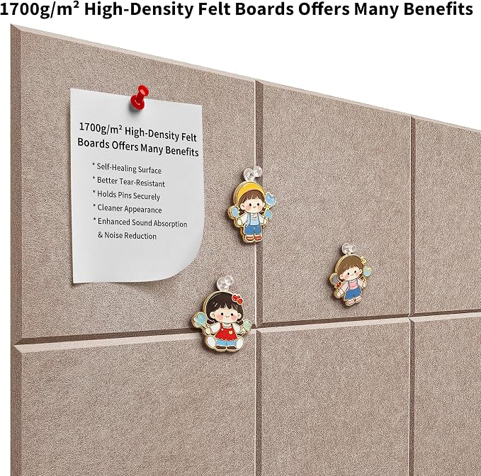 1/2'' Ultra Thick Felt Bulletin Pin Board Corkboard for Office Wall | Half Inch Dense Polyester Felt Board, Frameless, Modular, Zero Crumbling, Removable Adhesive Tabs, 8 Pack 12'' Squares Tiles