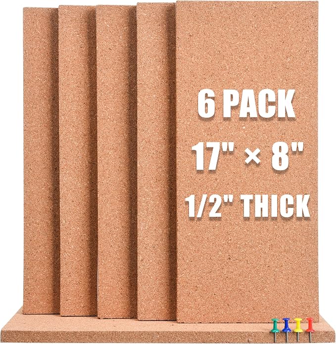 SUNGIFT 17 x 8 Inch Cork Bulletin Board 6 Pack, 1/2" Thick for Office/Home | Frameless Cork Tiles for School, Self-Adhesive Corkboards Wall Decor , 50 PCS Pushpins Included