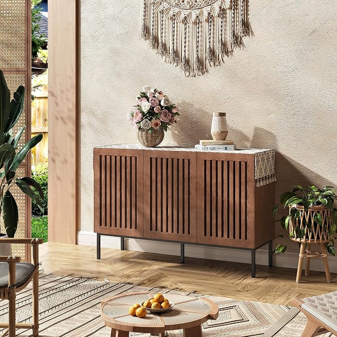 BVIUNTWO Buffet Cabinet, Modern Credenza Storage Cabinet with Adjustable Shelves and Metal Base, 47 Inch Wood Multifunctional Console Table for Kitchen, Living Room, Entryway, Brown