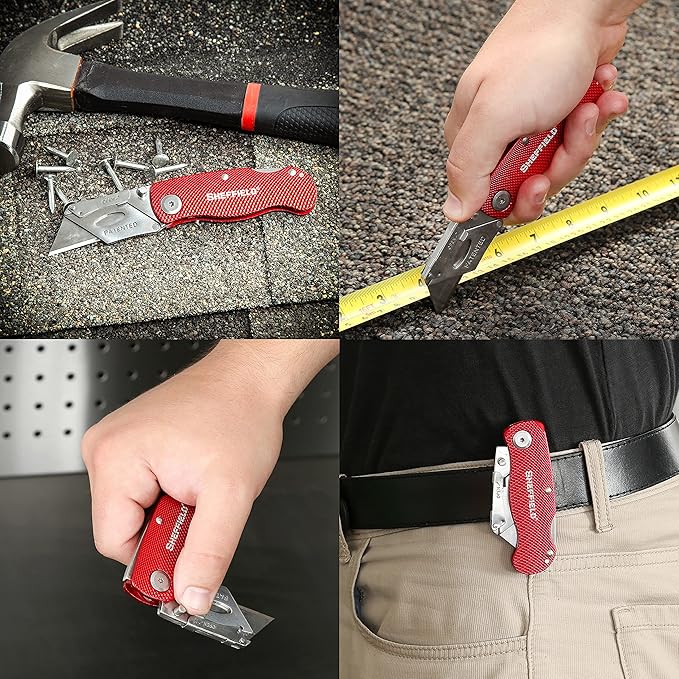 Sheffield Folding Utility Knife, Accepts Standard Utility Knife Blades, Box Cutter Aluminum Handle, Razor Blades Included, For Home, Office, Trades, and Warehouse